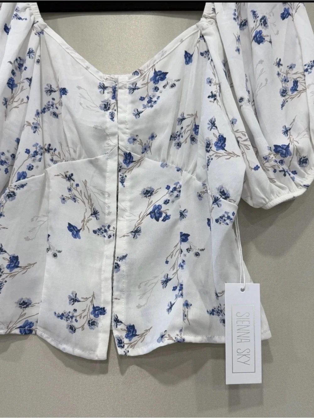 Sienna Sky White Top with Blue Floral Puff Sleeves - Picture 3 of 7